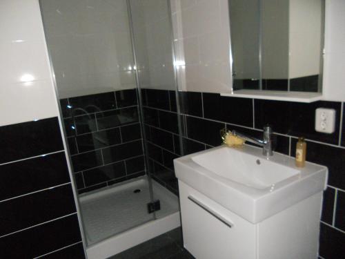 a bathroom with a sink and a mirror and a shower at Sewdien’s Apartment Maashaven in Rotterdam