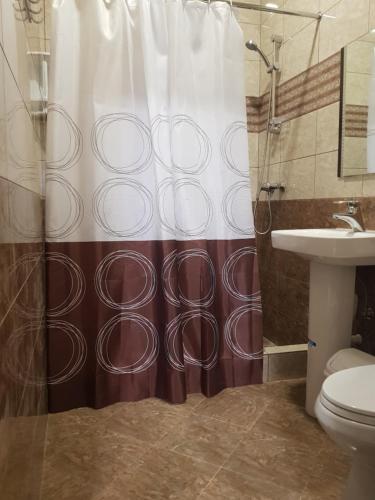 a bathroom with a shower curtain and a toilet at Семейные Апартаменты in Pyatigorsk