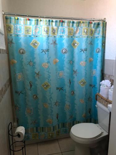 a bathroom with a blue shower curtain with a toilet at The Rex Motel At Niagara Falls in Niagara Falls