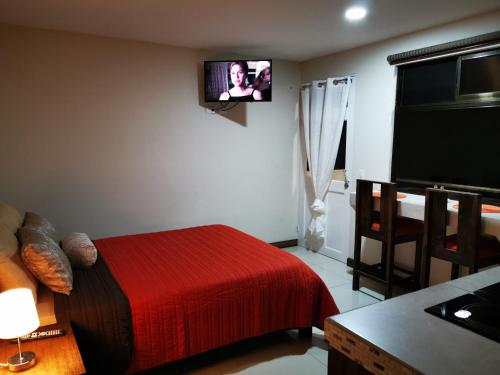 a bedroom with a red bed and a flat screen tv at CASA GERANIOS STUDIO #3 in Monteverde Costa Rica
