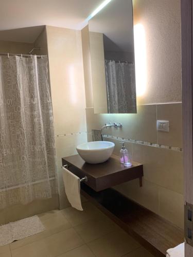 y baño con lavabo y ducha. en CONDO NORDELTA - Apart Departamento - COMPLEJO WYNDHAM - BAHIA GRANDE en Tigre