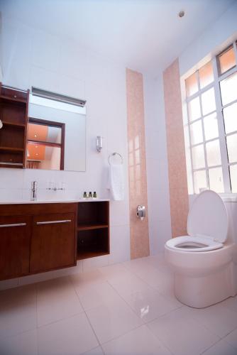a bathroom with a toilet and a sink and a mirror at Falcon Heights Hotel in Nanyuki