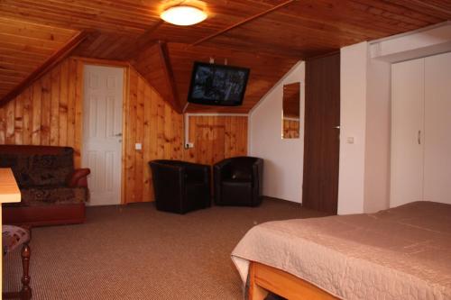 a bedroom with a bed and a flat screen tv at Vila Bellmont in Predeal