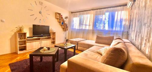a living room with a couch and a clock on the wall at Apartman Hedonist in Vračar (historical)