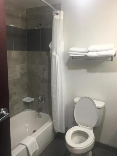 a bathroom with a toilet and a shower and a tub at Days Inn by Wyndham Alva in Alva