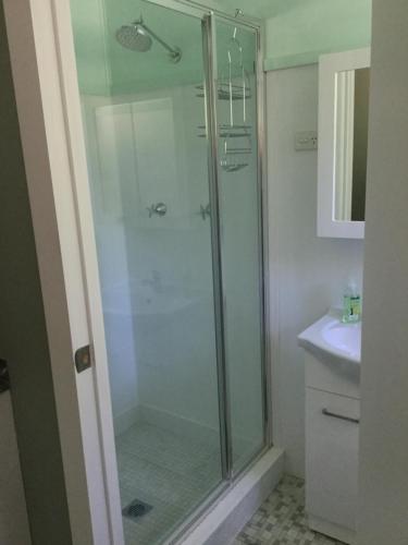 a glass shower in a bathroom with a sink at The Wentworth Retreat in Wentworth Falls