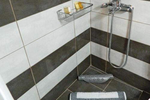 a shower in a bathroom with black and white tiles at BLUE PHAISTOS APARTMENTS No1 in Moírai