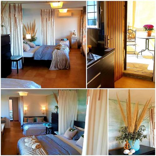 three pictures of a bedroom with beds and a living room at Ashram Villa Sunshine in Sitges
