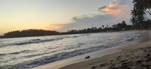 a beach with the ocean and palm trees at sunset at Bisandu guesthouse in Mirissa