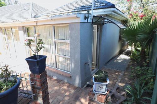 a small blue house with plants in pots at Caesar's Self-catering Open Plan Suite in Somerset West