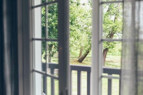 an open window with a view of a tree at Villa de l'Etang Blanc in Seignosse