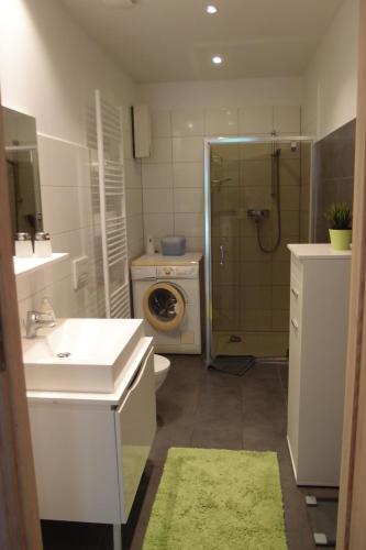 a bathroom with a shower and a sink and a washing machine at Ferienlounge in Salzhemmendorf