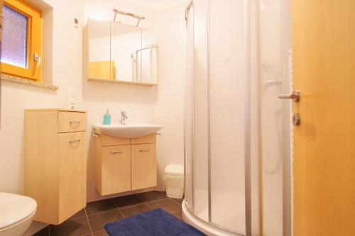 uma casa de banho com um chuveiro, um lavatório e um WC. em Wiesmüllerhof em Caldaro