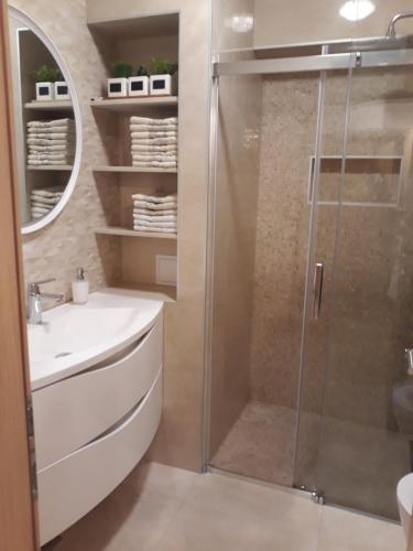 a bathroom with a shower and a sink at Apartment Sladojevic in Omiš
