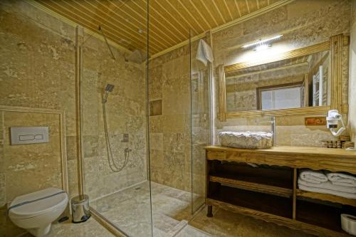 a bathroom with a shower and a toilet and a sink at Termessos Hotel in Goreme