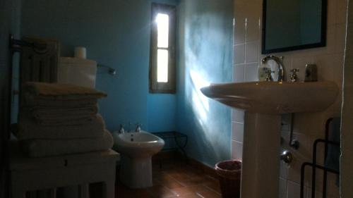 a blue bathroom with a sink and a toilet at Short Rent Il Casale in Capolona