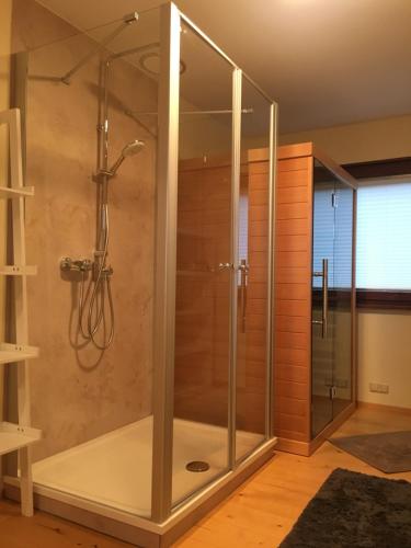 a shower with a glass enclosure in a bathroom at Ausblick - Auszeit in Rimsting