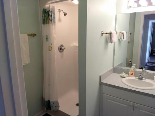 a bathroom with a shower and a sink at Seahorse Landing #503 Gulf Front Vacation Condo in Cedar Key