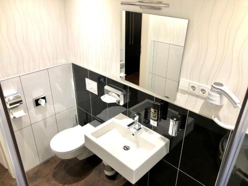 een badkamer met een wastafel, een toilet en een spiegel bij Markthof am Dom in Erfurt