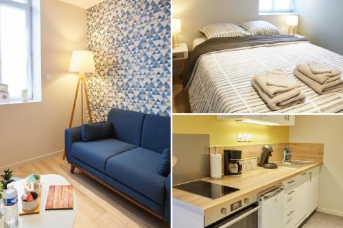 a room with a bed and a blue couch at LocationsTourcoing - Le Carnot in Tourcoing