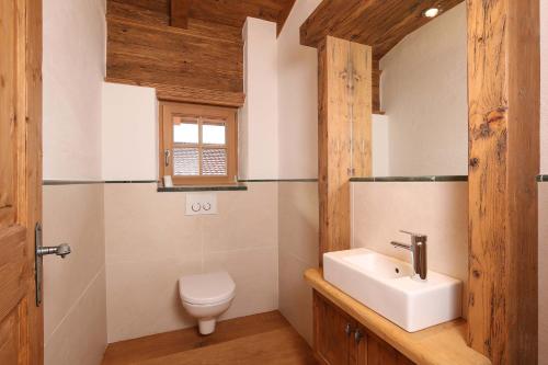 a bathroom with a sink and a toilet at LuxusChalet Happy Home Tyrol in Ellmau