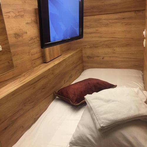 Zimmer mit einem Bett und einem TV an der Wand in der Unterkunft Capsule Hostel Top Wenceslas square in Prag