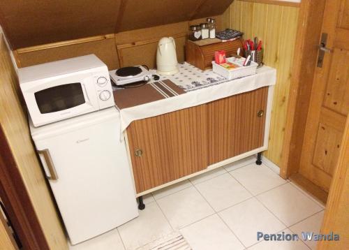 a small kitchen with a microwave and a refrigerator at Penzion Wanda in Bohumín