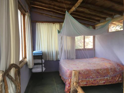1 dormitorio con 1 cama en una habitación con ventanas en Canto do Jacarandá (Casa no Vale do Matutu), en Aiuruoca