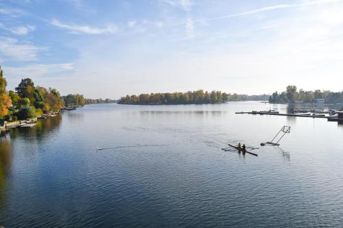 a person is rowing a boat on a lake at Cosy new Apartment 3min to VIC/Uno-City and Danube in Vienna