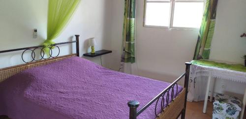 a bedroom with a purple bed with a window at Kaloan in Capesterre-Belle-Eau