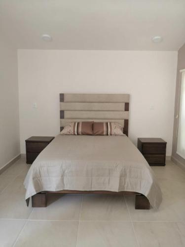 - une chambre avec un grand lit et 2 tables de chevet dans l'établissement KIA - PESQUERIA - AEROPUERTO MONTERREY a, à Monterrey