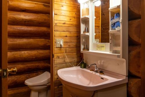a bathroom with a sink and a toilet at Hacho no Yu in Nikko