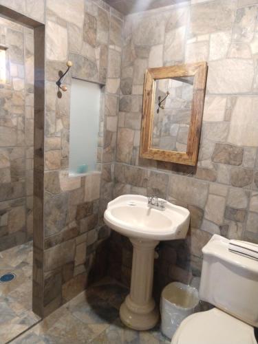 a bathroom with a sink and a toilet and a mirror at Hotel Finca Belén in Tlaxco de Morelos