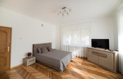 een slaapkamer met een bed en een flatscreen-tv bij Petro delux apartments center in Kaunas