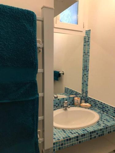 une salle de bain avec un lavabo et un miroir dans l'établissement Studio indépendant près cap canaille avec terrasse, à La Ciotat