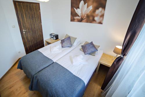 - une chambre avec un lit et 2 oreillers dans l'établissement Apartment Sun & Snow Centrum Obrońców Pokoju, à Karpacz