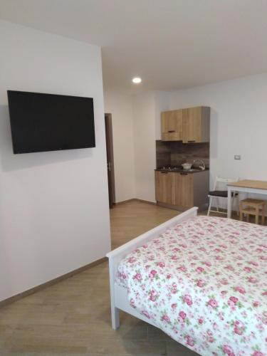 a bedroom with a bed and a flat screen tv at Cristallo di neve b&b in Roccaraso