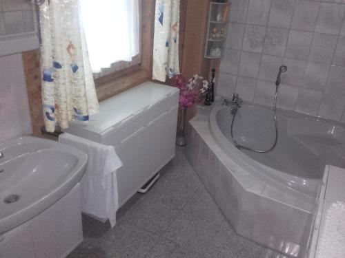 a bathroom with a tub and a toilet and a sink at Haus Melanie in Hohenau