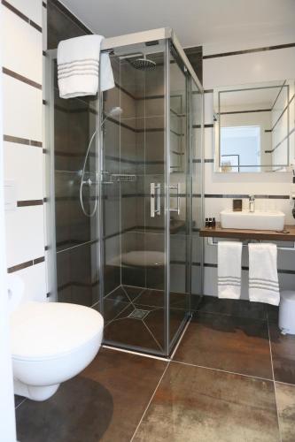 a bathroom with a glass shower and a toilet at Hotel zur Schloss-Schmiede in Kühbach