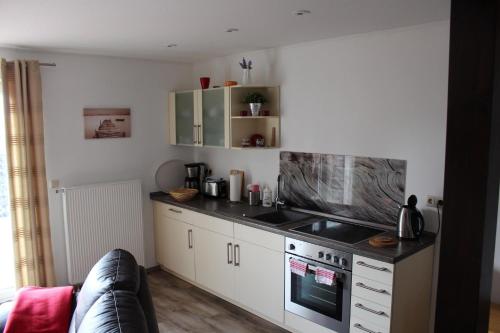 a kitchen with a stove top oven next to a couch at Ferienwohnung 1011 mit Seeblick in Ziemitz