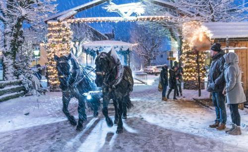a statue of a horse pulling a carriage in the snow at Hotel YOUHEY am Wolfgangsee in Strobl
