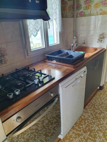 a kitchen with a stove top and a sink at Gîte de Montapeine in Breteau