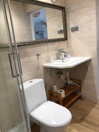 a bathroom with a toilet and a sink at Comfort Zone Ostróda Ruś Mała in Ostróda