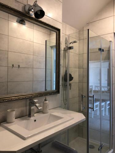 a bathroom with a sink and a mirror at Comfort Zone Ostróda Ruś Mała in Ostróda