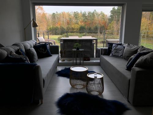 a living room with couches and a large window at Comfort Zone Ostróda Ruś Mała in Ostróda