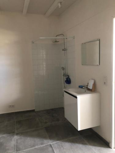 uma casa de banho branca com um lavatório e um espelho em Belcourt1-lit queen size em Baie-Mahault