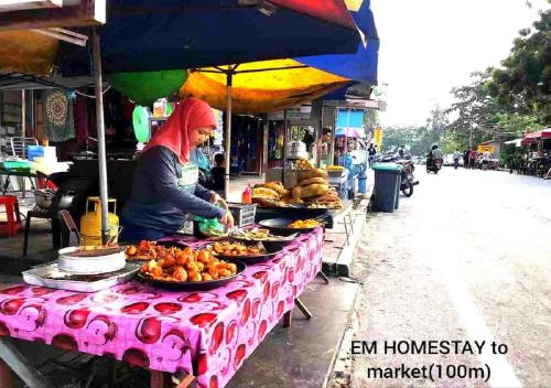 une femme debout devant une table avec de la nourriture dans l'établissement EM HOMESTAY(Coral Bay 3Room Apartment), à Île de Pangkor