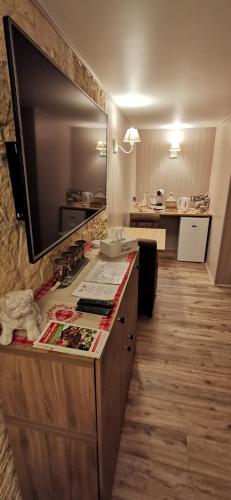 a kitchen with a counter with a television on it at LA RIVIERE DU BIEN ETRE in Chaumont-Gistoux