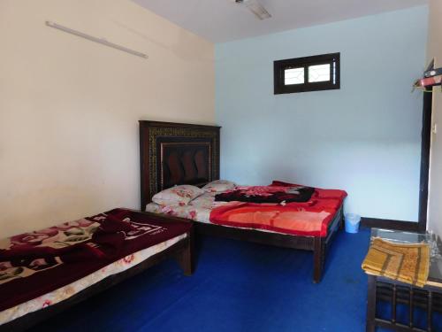 Duas camas num quarto com pisos azuis em Mountain View Hotel em Bālākot