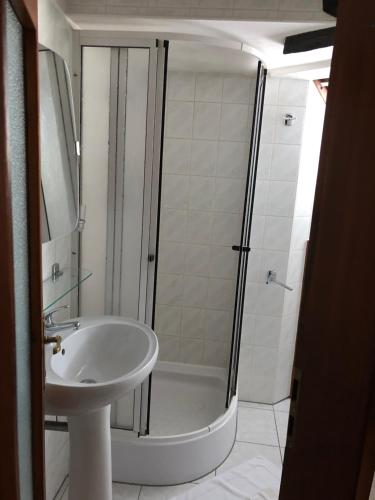 a bathroom with a shower and a sink at Penzion Tamara in Vilémov